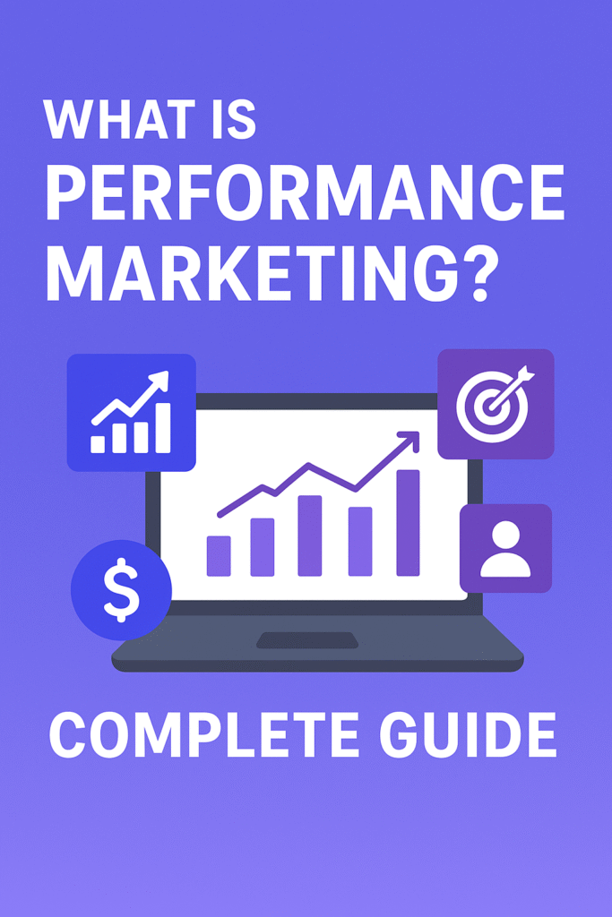 Graphic of a laptop with growth charts and Performance marketing icons used for explaining what performance marketing is
