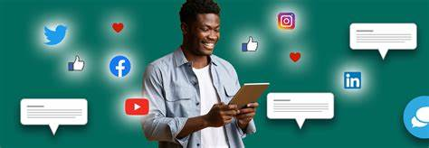 Person using a tablet with multiple social media icons like Facebook, Instagram, Twitter, YouTube, and LinkedIn floating around, representing social media management and online engagement.