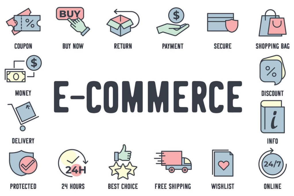 Illustration of e-commerce concepts with icons for coupon, buy now, return, payment, secure checkout, shopping bag, money, delivery, discount, info, protection, 24-hour service, best choice, free shipping, wishlist, and online access surrounding the word 'E-Commerce'