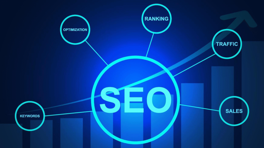 SEO and SEM concept illustration showing keywords, optimization, ranking, traffic, and sales connected to a central SEO circle with a rising growth chart in the background